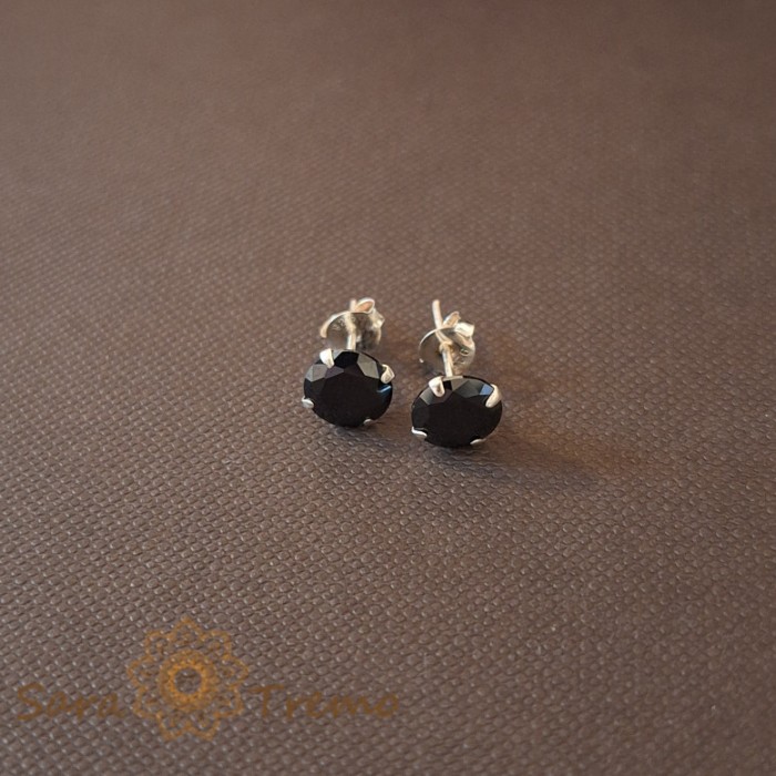 Cercei Unisex Argint 925 cu Cristal Zirconia Negru Rotund, 7 mm