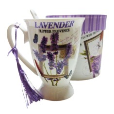 Cana din ceramica cu lingurita, Model cu lavanda, Mov, DO116G-A