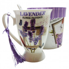 Cana din ceramica cu lingurita, Model cu lavanda, Mov, DO116G-A