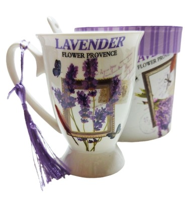 Cana din ceramica cu lingurita, Model cu lavanda, Mov, DO116G-A foto