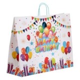 Pungă cadou din h&acirc;rtie kraft albă cu model baloane și mesaj Happy Birthday, 56x17x42cm, CMCLASS