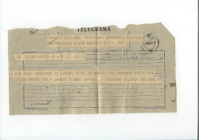 Telegramă Valeriu Bulgaru, Facultatea de Drept Iași pt. asistent Iavorschi Ioan foto