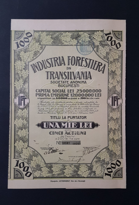 Actiune 1920 Industria forestiera din Transilvania / titlu de 5 actiuni