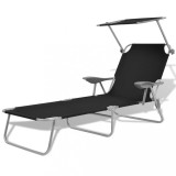 Șezlong plajă vidaXL cu baldachin, negru, oțel, pliabil, reglabil, 120 kg, 58x189 cm