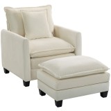 HOMCOM Fotoliu de salon cu taburet, fotoliu 1 loc din chenille, șezut lat, umplutură dublă, 85x128x86cm, crem | Aosom Romania