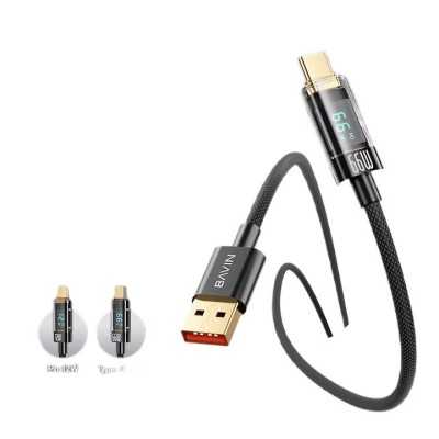 Cablu de date si incarcare rapida, Bavin, CB309, USB-A la USB-C, 66W, 1.2m, display digital, negru foto