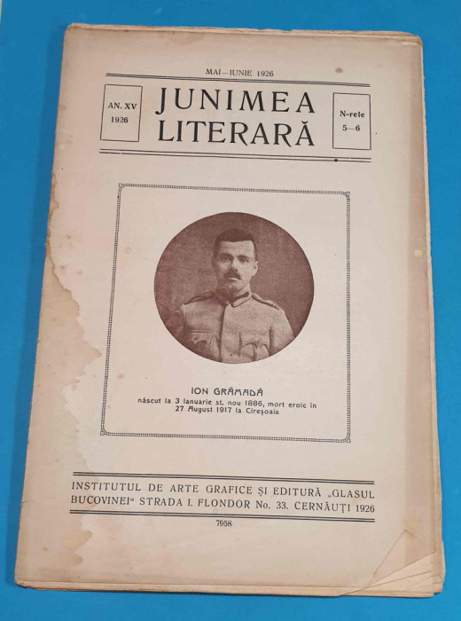 Revista JUNIMEA LITERARA anul 1926 - pe coperta eroul de la Ciresoaia I. Gramada