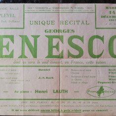 Afis George Enescu,concert unic sala Pleyel Paris,14 dec. 1937,ora 21,rarisim