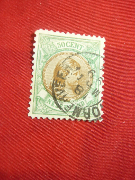Timbru 50C verde-brun Regina Wilhelmina Olanda 1896, stampilat