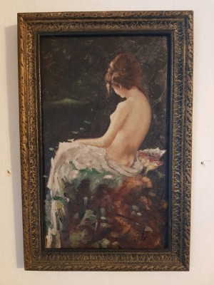 SARCHIS SETO-PICTOR ARMEAN-1912-1980 BACAU-NUD CU SPATELE- ( DUPA GRIGORESCU)- ULEI PE CARTON- 39X23 CM. foto