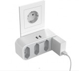 Priza europeana de perete Tessan, cu 4 prize plate si 2 porturi USB, ABS, alb, 12,3 x 5,5 x 7,8 cm