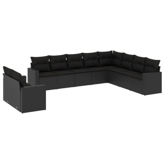 Set canapele de gradina cu perne, 10 piese, negru, poliratan