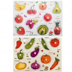 Set 2 Puzzle magnetic incastru din lemn cu legume si fructe, in limba romana, educativ