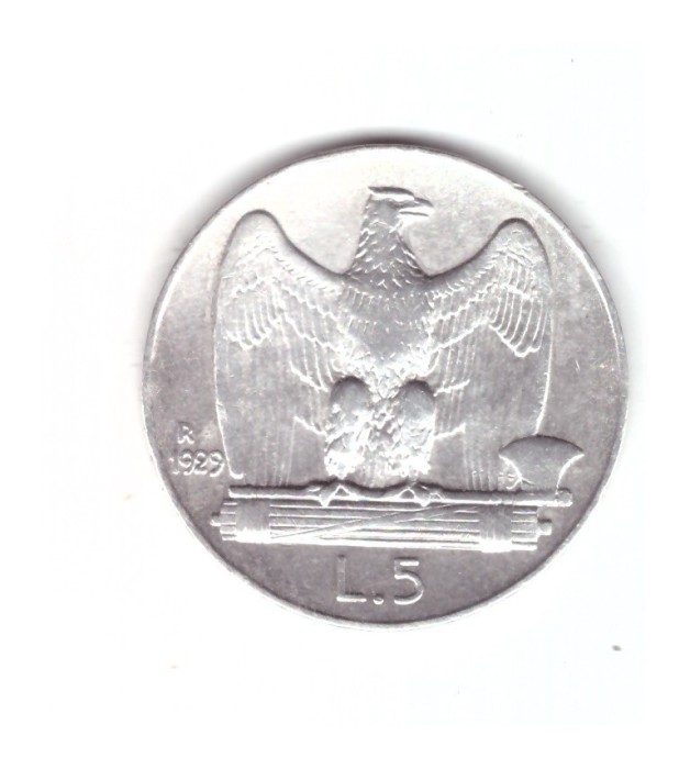 Moneda Italia 5 lire 1929, stare foarte buna, curata
