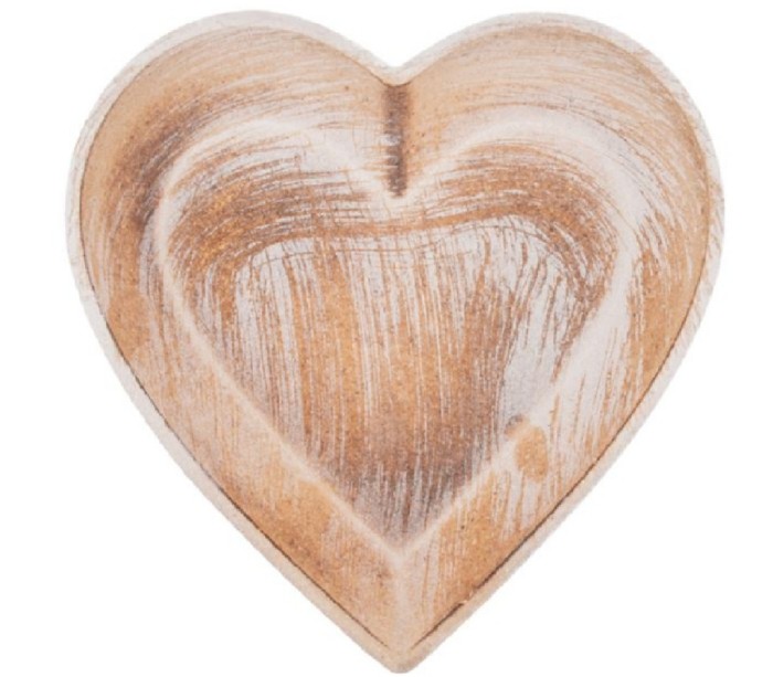 Platou din lemn decorativ in forma de inima, 24,5x25x4 cm, alb\auriu