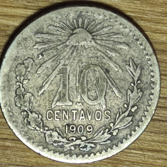 Mexic - moneda de colectie rara - 10 centavos 1909 - argint 0.800 - frumoasa !