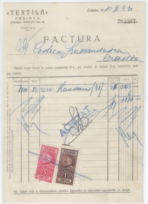 Romania, Textila, Factura (V), Craiova, 1930