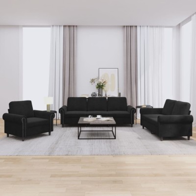 vidaXL Set de canapele cu perne, 3 piese, negru, catifea 3202175 foto