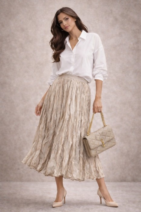 Fusta midi bej creponata