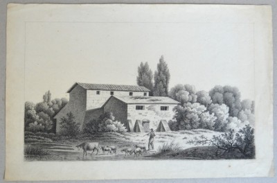 Peisaj vechi desen in creion scena italiana cca 1810 foto