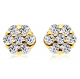 Cercei din aur galben, 14K - floare mică, diamante rotunde transparente, știfturi