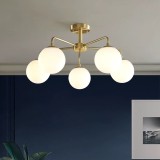 Lustră Vintage Brass Quintet, 5 brate, globuri sticla albă, dulie E27, D50cm