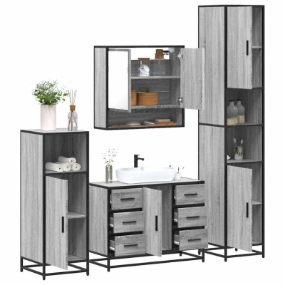 Set de mobilier de baie 4 piese Lemn stratificat gri Sonoma foto