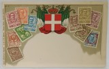 STEMA REGATULUI ITALIEI , CU STEAGURI SI 11 TIMBRE REPRODUSE CU PORTRETUL REGELUI UMBERTO I AL ITALIEI , CROMOLITOGRAFIE , CARTE POSTALA , CLASICA , S