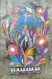 Pictură tradiţională mexicană, cu pasăre şi flori