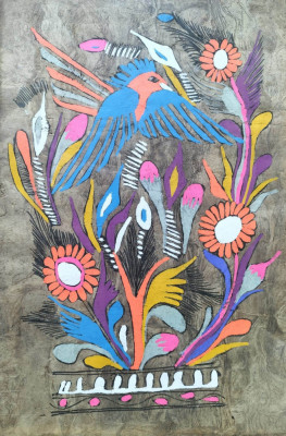 Pictură tradiţională mexicană, cu pasăre şi flori foto