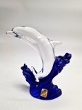 Delfin figurina din cristal cobalt si transparent Bleikristall Germania 17 cm