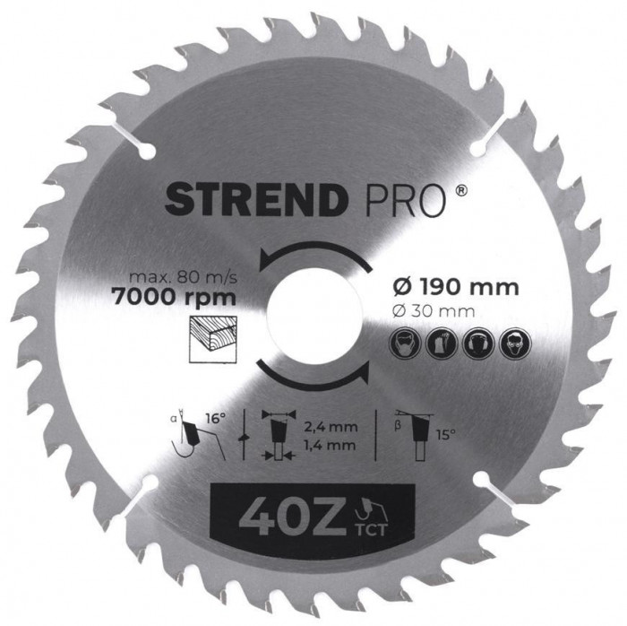 Strend Pro TCT 190x2.4x30/20 mm 40T, p&acirc;nza de ferăstrău pentru lemn, SK feliat