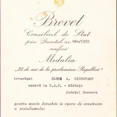 HST A499 Brevet Medalia 25 ani de la proclamarea Republicii 1972