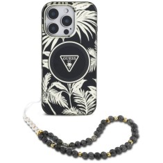 Husa pentru iPhone 16 Pro Max - Guess IML Palm Trees Triangle with Pearl Strap MagSafe (GUHMP16XHPCTPLSK) - Black