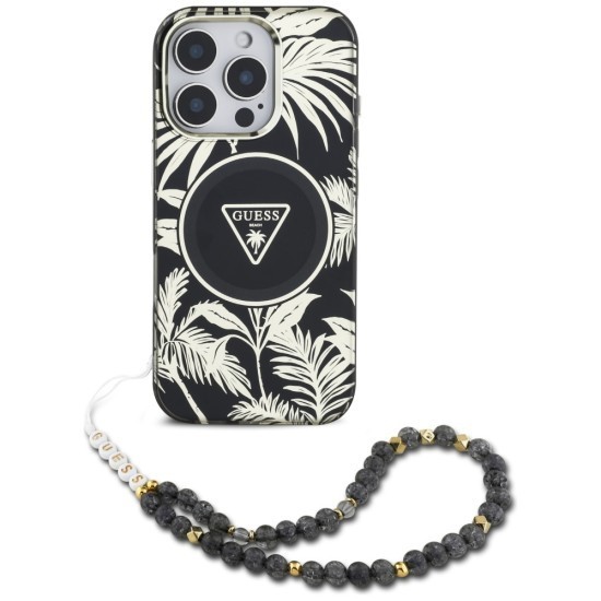Husa pentru iPhone 16 Pro - Guess IML Palm Trees Triangle with Pearl Strap MagSafe (GUHMP16LHPCTPLSK) - Black