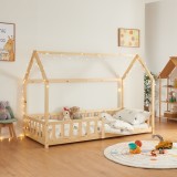 Pat casuta copii cu grilaj protectie Hesel 200x90cm lemn natur [en.casa] HausGarden Leisure