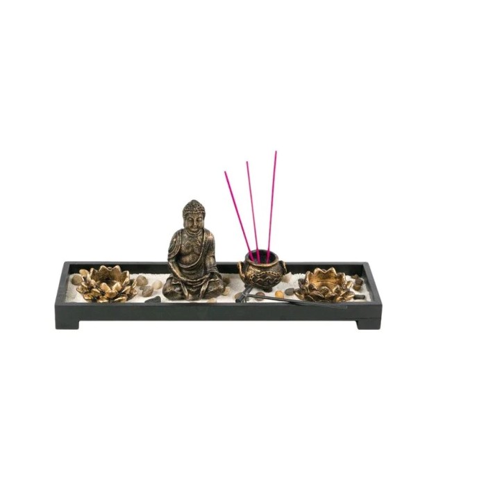 Set decorativ suport pentru lumanari si betisoare parfumate Buddha , Negru-Bronz