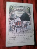 Felicitare - Litografie Sarbatori de Iarna , dupa Acuarela semnata B.Hz, circulata 1904 cu 5 bani Spic de Grau , Campina - Bucuresci