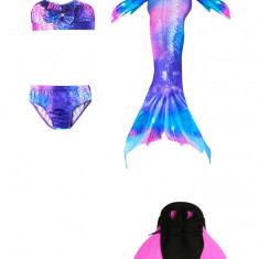 Set 4 piese Costum de baie Model Sirena, include si Inotatoarea pentru fixarea cozii, Albastru/Roz, 110 cm