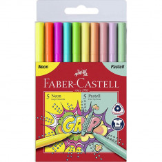 Set 10 Carioci Faber-Castell Grip, 5 Culori Neon si 5 Culori Pastel, Varf Rezistent la Presiune, Carioci Colorate, Carioci Neon, Carioci Pastelate, Ca