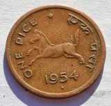 353. Moneda India 1 pice 1954 (1/4 Anna - 1,2 thin planchet - large year)