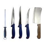 Cumpara ieftin Set profesional de macelarie, filetat, transat, injunghiat, dezosat, otel carbon, 3 cutite, masat pentru ascutit, satar