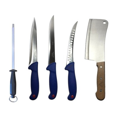 Set profesional de macelarie, filetat, transat, injunghiat, dezosat, otel carbon, 3 cutite, masat pentru ascutit, satar foto