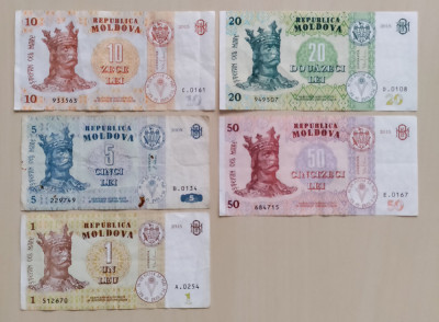 Bancnote Moldova - 1leu (2009) - 5, 10, 20, 50 lei (2015) foto