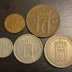 Lot 5 monede Norvegia - 1/5/10/50 Ore si 1 Krone 1957