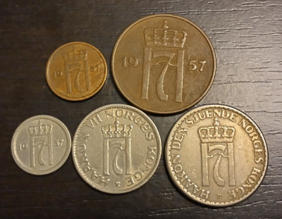 Lot 5 monede Norvegia - 1/5/10/50 Ore si 1 Krone 1957 foto
