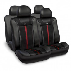 Huse scaune auto Momo, piele ecologica cu ornamente tip carbon, negru cu rosu, set 11 buc foto
