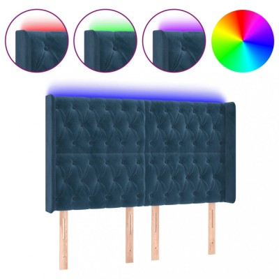 Tablie de pat cu LED, albastru inchis, 147x16x118/128cm catifea foto