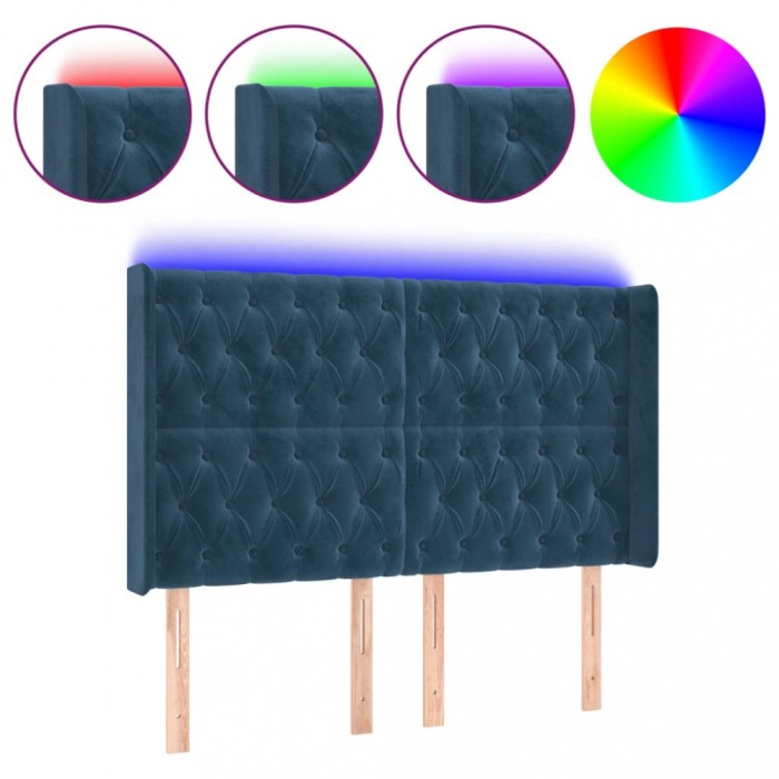 Tablie de pat cu LED, albastru inchis, 147x16x118/128cm catifea