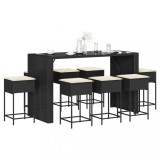 VidaXL Set mobilier bar de grădină cu perne, 9 piese, negru, poliratan